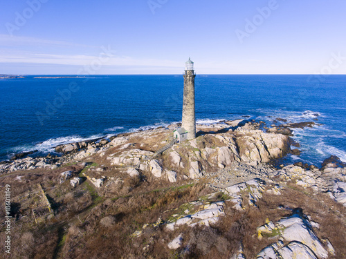 Aerial view of Thacher Island Lighthouse on Thacher Island, Cape Ann, Massachusetts, USA. Thacher Island Lighthouses was built in 1771.