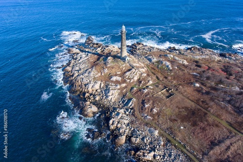 Aerial view of Thacher Island Lighthouse on Thacher Island, Cape Ann, Massachusetts, USA. Thacher Island Lighthouses was built in 1771. photo