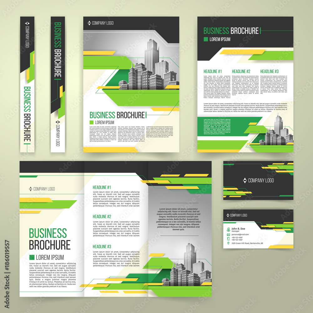 Φωτογραφία Vector flyer, cover design of the companys annual business report, business card, presentation template with green elements and black white buildings