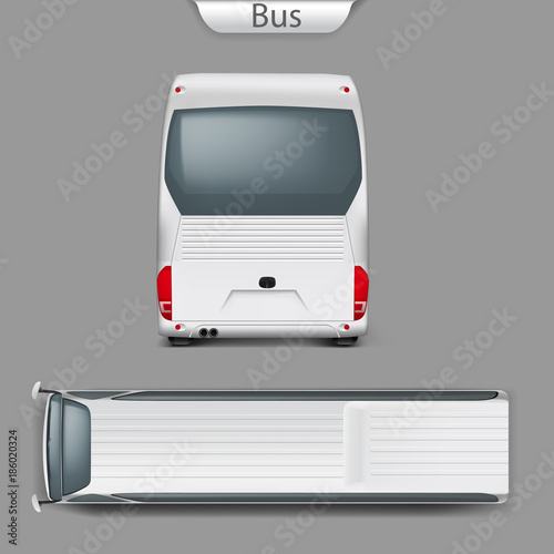 Realistic vector white coach bus mockup back or rear, top view. High-detailed passenger transport, travel vehicle. Blank city bus template forcorporate identity branding, advertising design.