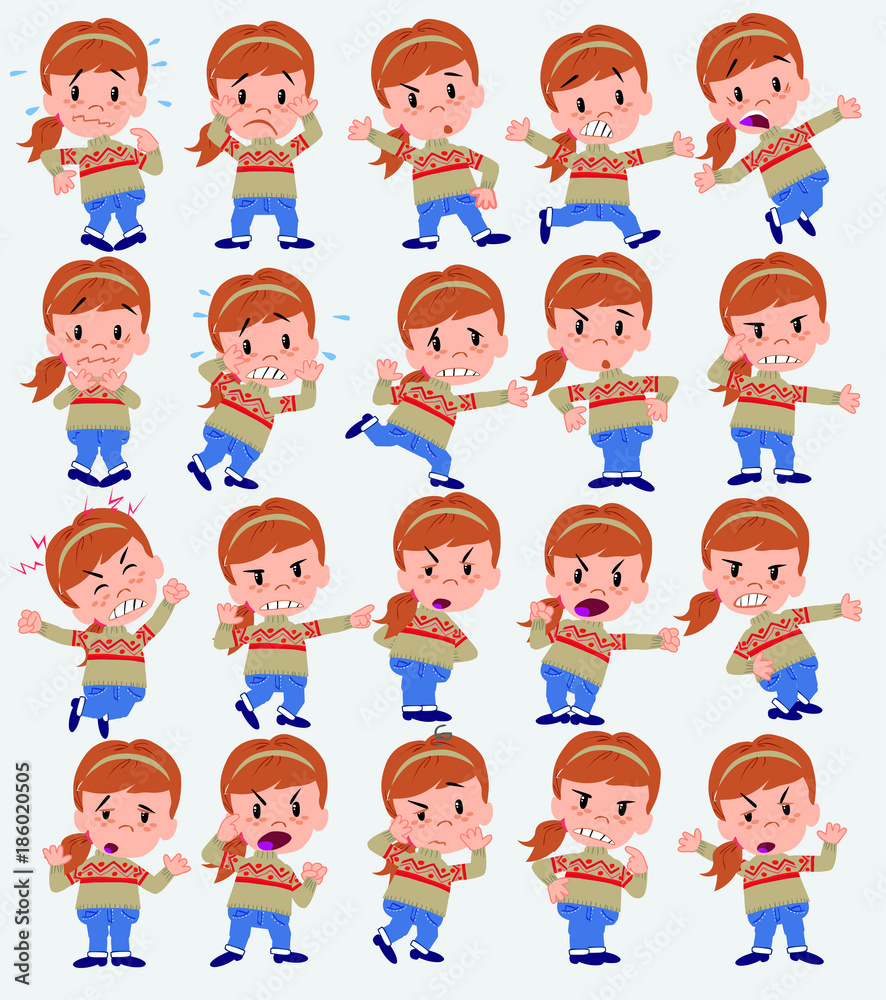 Cartoon character girl with sweater. Set with different postures, attitudes and poses, always in negative attitude, doing different activities in vector vector illustrations. Cartoon character girl with sweater. Set with different postures, attitudes and poses, always in negative attitude, doing different activities in vector vector illustrations.