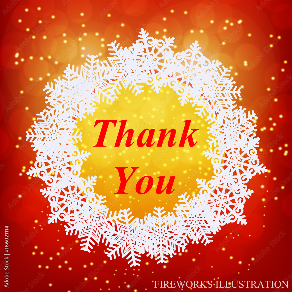 Thank You greeting card. New year template. Brightly Colorful Fireworks. Red illustration of Fireworks. Holiday fireworks background. Merry christmas illustration.