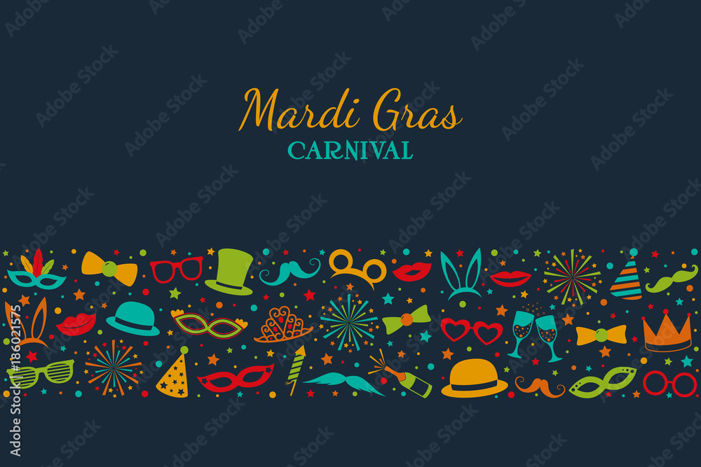 Obraz premium Mardi Gras- card in retro style with icons. Vector.