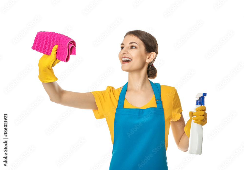 Woman with bottle of detergent and rag on white background Woman with bottle of detergent and rag on white background