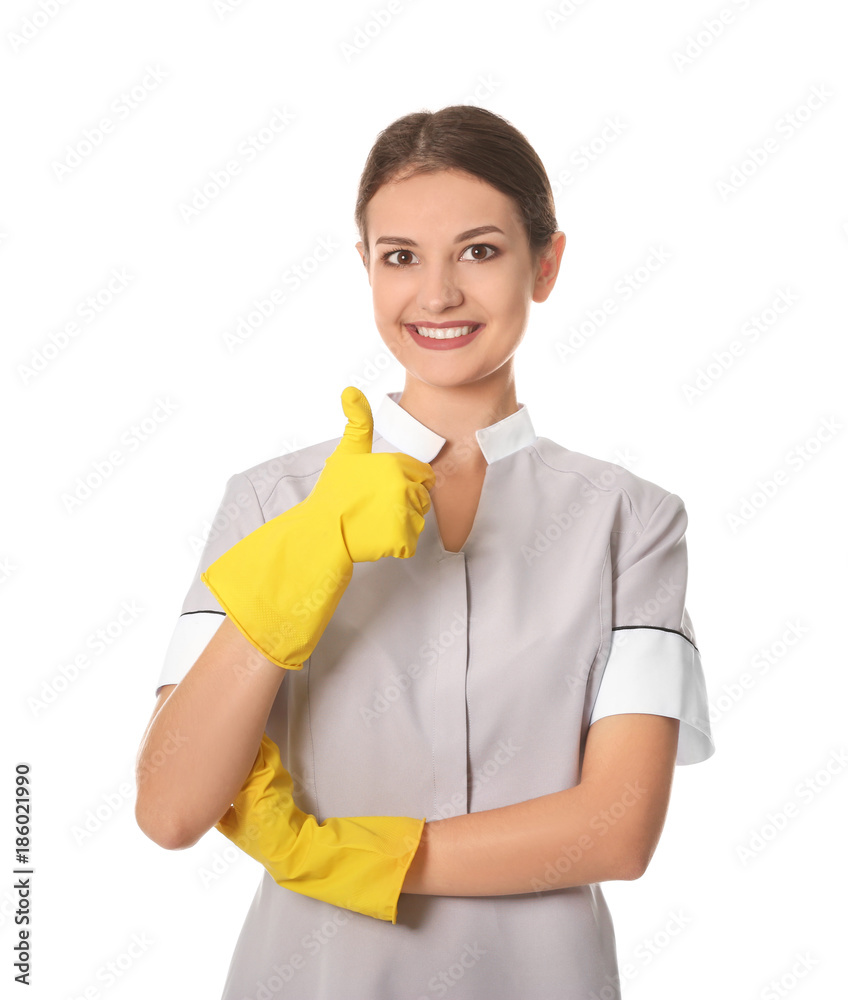 Beautiful chambermaid on white background Beautiful chambermaid on white background