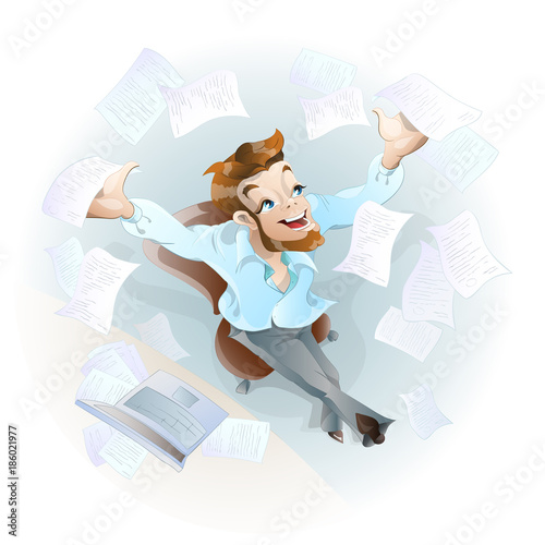 Charming worker throws papers into the air.