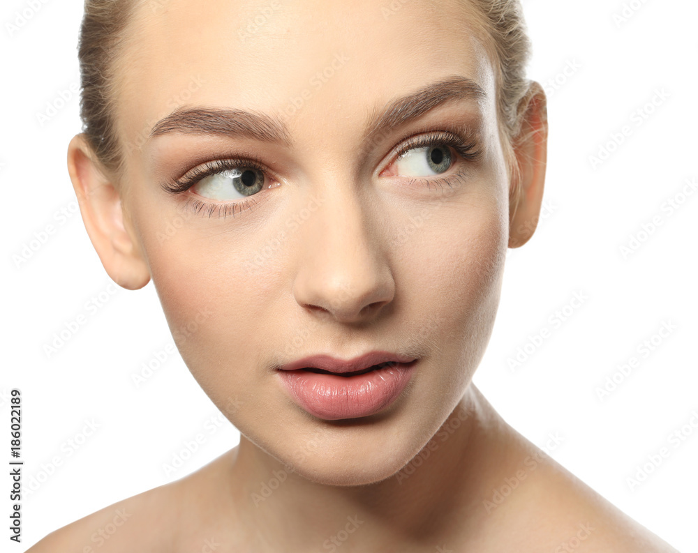 Beautiful woman with long eyelashes on white background, closeup Beautiful woman with long eyelashes on white background, closeup