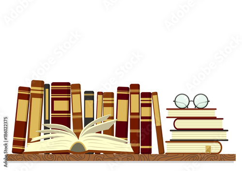 Old books on shelf with open book and glasses on white background. Reading, education, studying vector illustration.