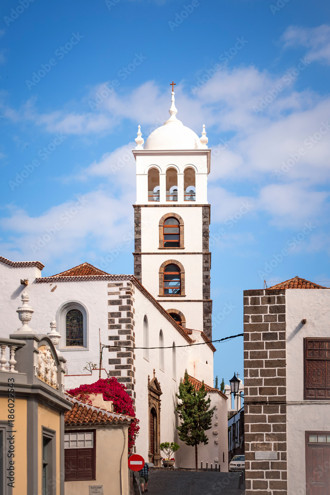 Garachico, Tenerife, Spain - December 6, 2017: View of 16th century Mother Church of Santa Ana.
