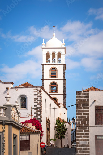 Garachico, Tenerife, Spain - December 6, 2017: View of 16th century Mother Church of Santa Ana.