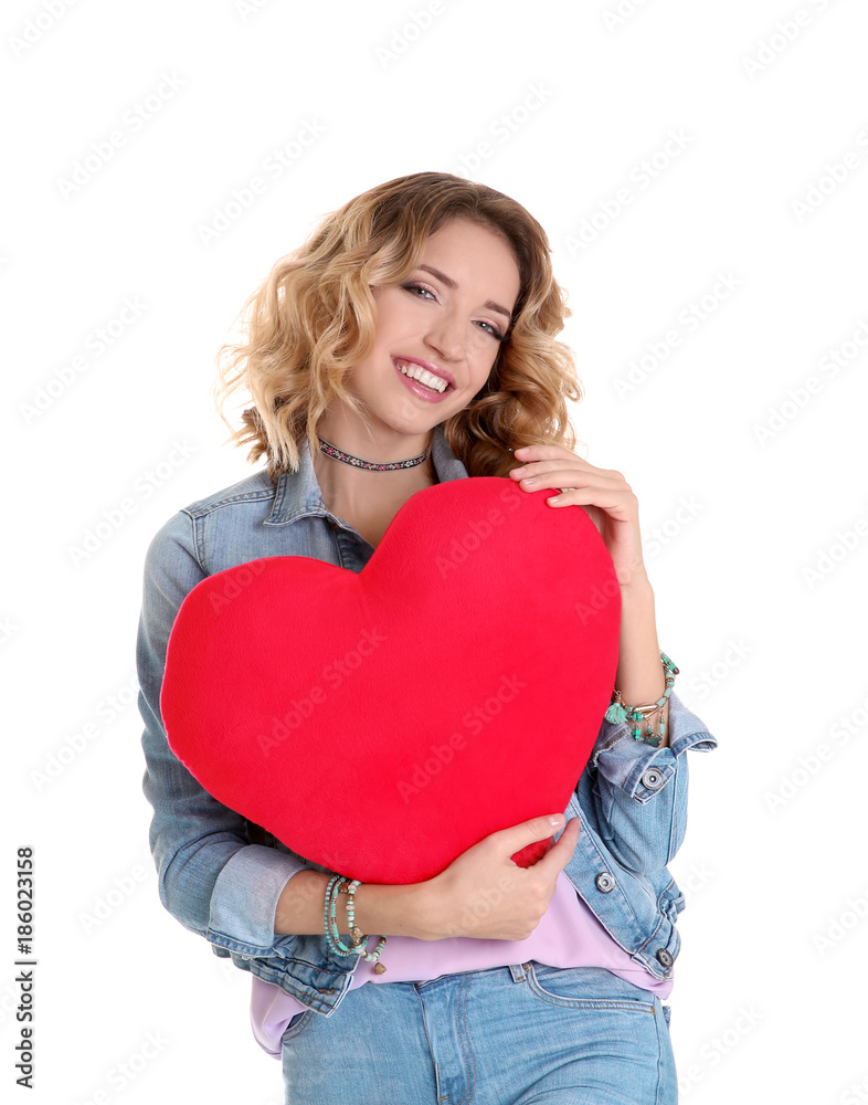 Attractive young woman with red heart on white background Attractive young woman with red heart on white background