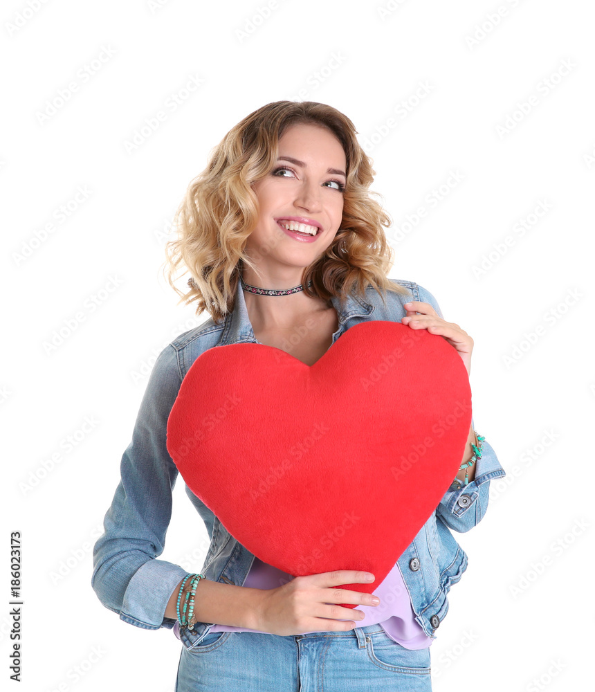Attractive young woman with red heart on white background Attractive young woman with red heart on white background