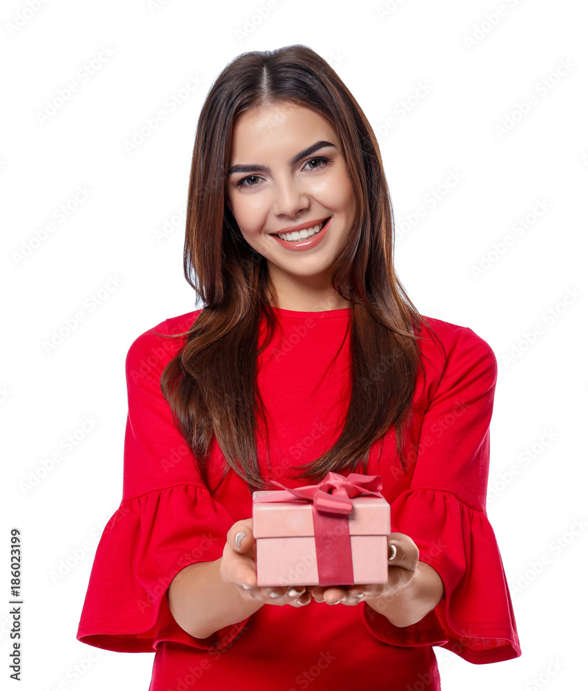 Beautiful young woman with gift for Valentine's Day on white background Beautiful young woman with gift for Valentine's Day on white background