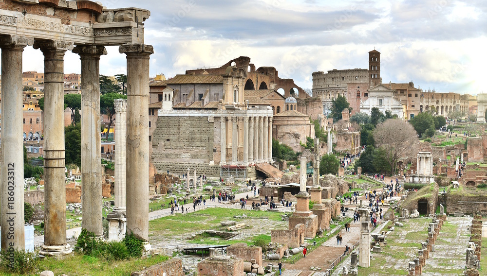 View of the Roman Forum with the Temple of Saturn, Rome, Italy