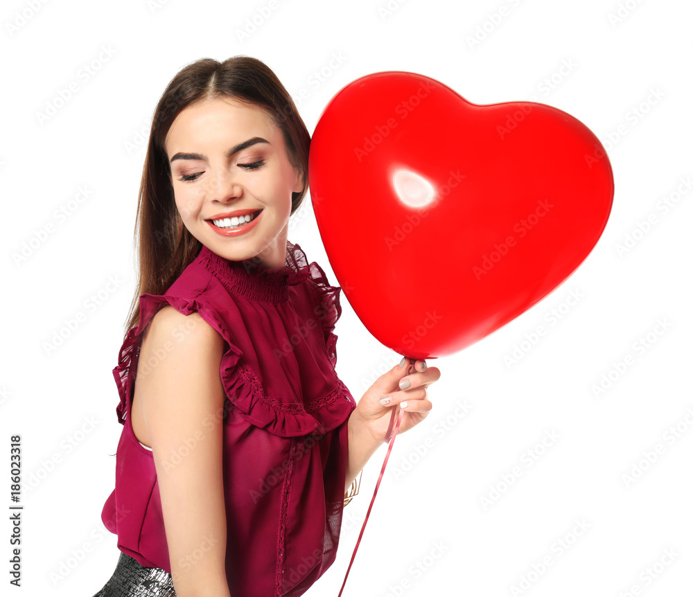 Romantic young woman with heart-shaped balloon for Valentine's Day on white background Romantic young woman with heart-shaped balloon for Valentine's Day on white background