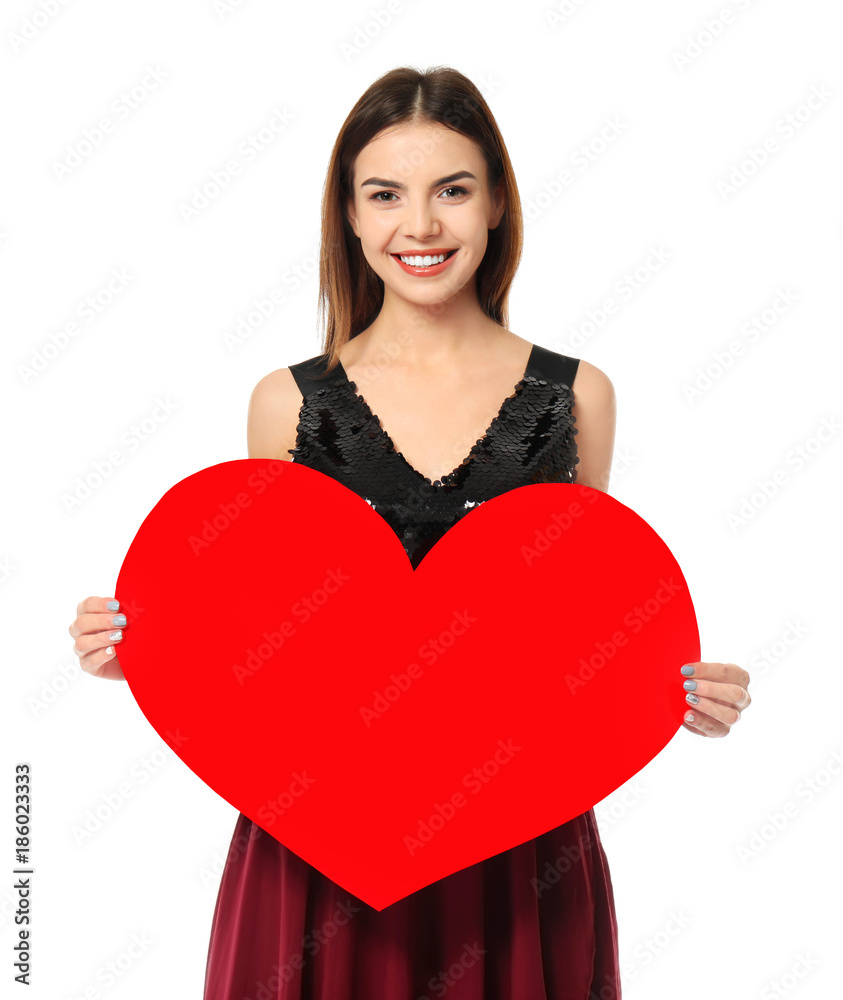 Romantic young woman with paper heart for Valentine's Day on white background Romantic young woman with paper heart for Valentine's Day on white background