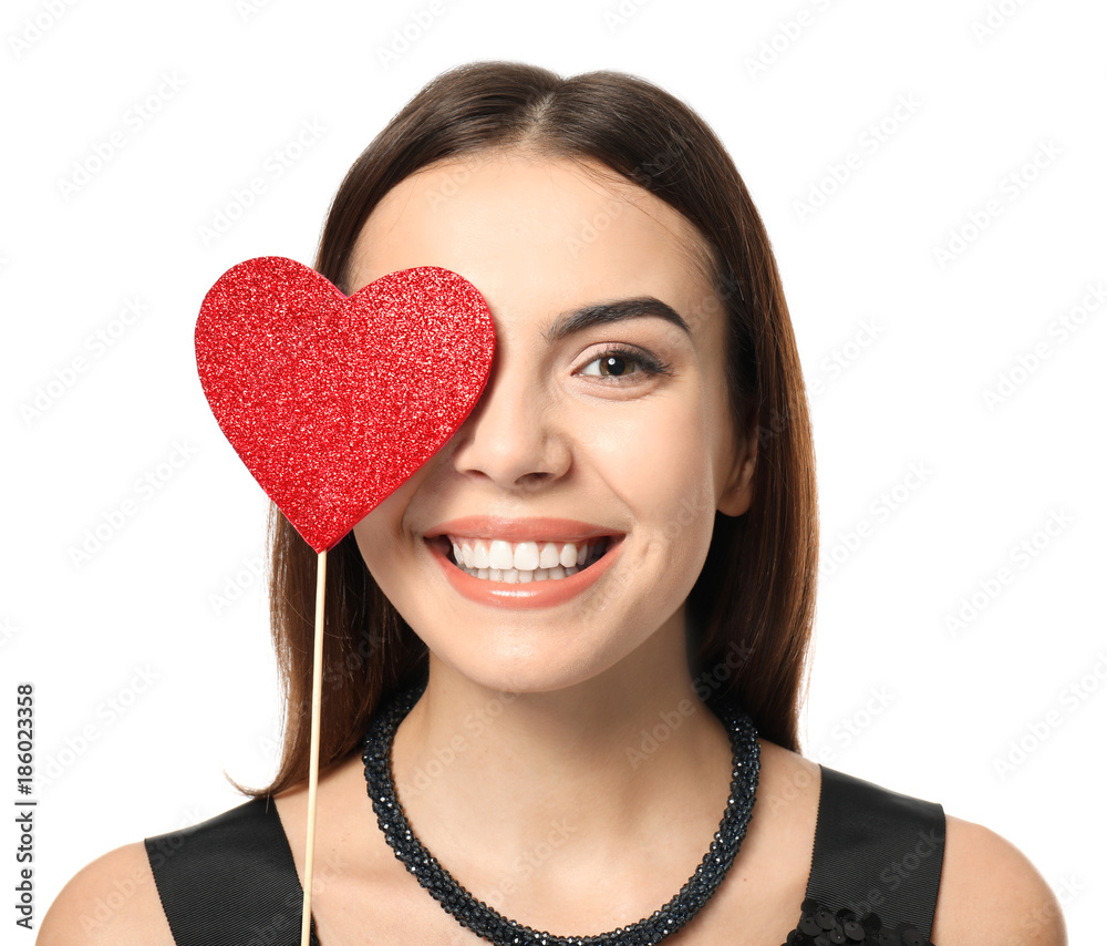 Romantic young woman with party decor for Valentine's Day on white background Romantic young woman with party decor for Valentine's Day on white background