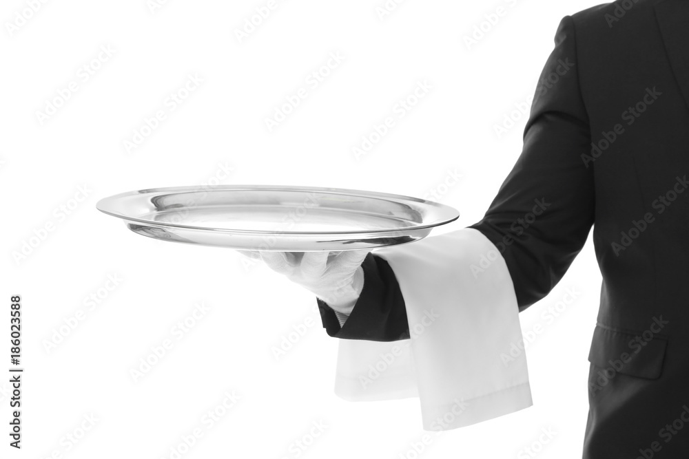 Waiter with empty tray on white background stock photo adobe stock