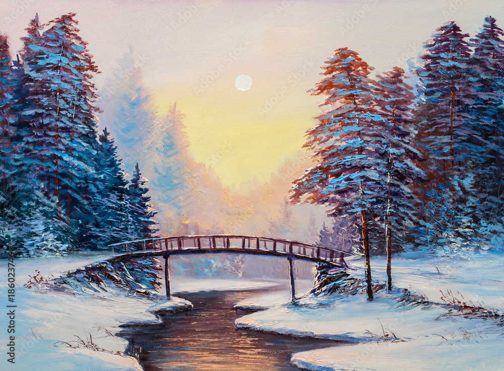 Fototapeta premium little bridge and snow covered landscape