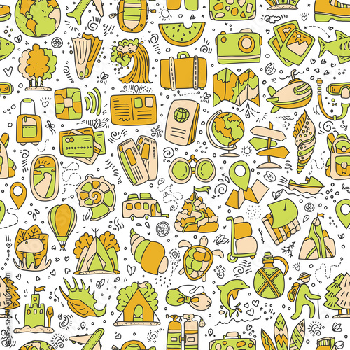 Travel and summer seamless pattern  journey and trip background. Adventure time pattern in hand draw style  vector sketch elements on repeatable pattern