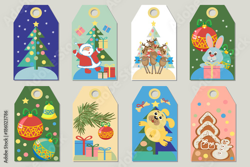 Christmas, Happy new year tags cute collection. Set of labels with Santa, Christmas tree, rabbit, deer, Christmas tree toys, gingerbread, candy with snowflakes. Vector illustration