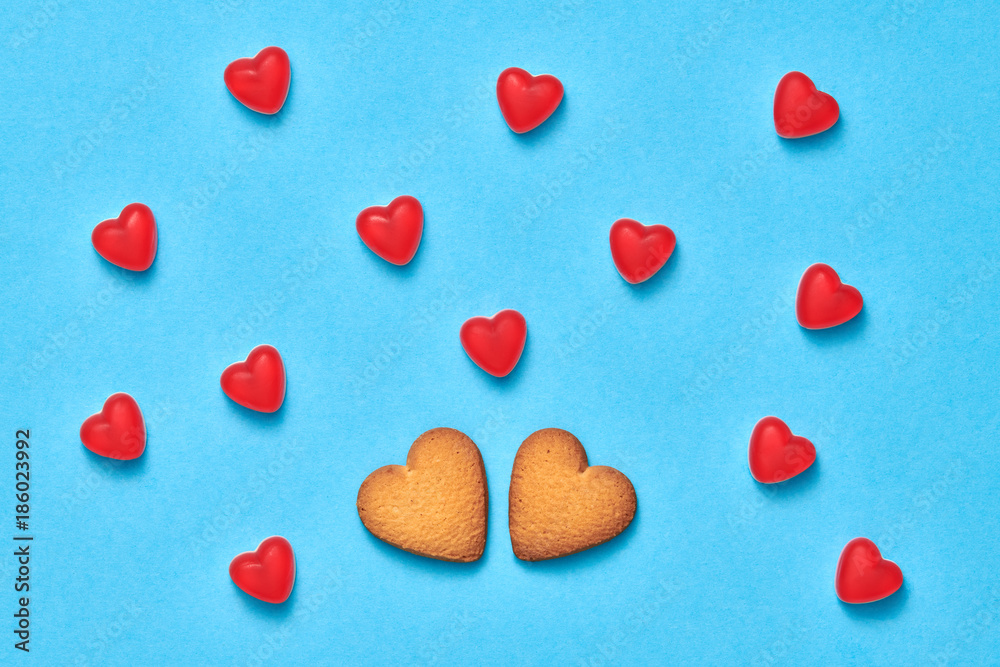Cookies Hearts, Candies Sweets. Valentines Day. Love set. Trendy fashion Style. Layout. Cookies Couple on Red hearts background. Love, Fun Romantic style, Minimal. Art Cookies Hearts, Candies Sweets. Valentines Day. Love set. Trendy fashion Style. Layout. Cookies Couple on Red hearts background. Love, Fun Romantic style, Minimal. Art