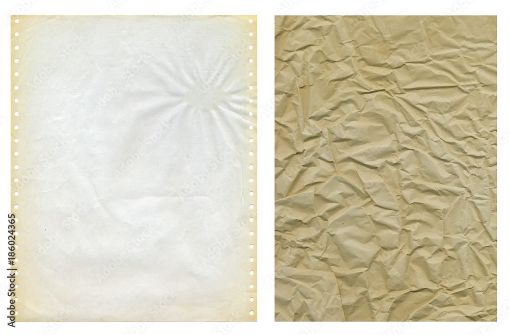 Obraz premium Two grungy paper structures, print-out paper and crumpled wrapping paper, isolated on white
