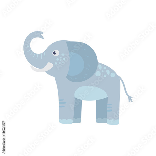 Funny blue elephant with long trunk  big ears and spots on back. Cartoon wild animal. Zoo concept. Flat vector design for kids print  sticker or toy store logo