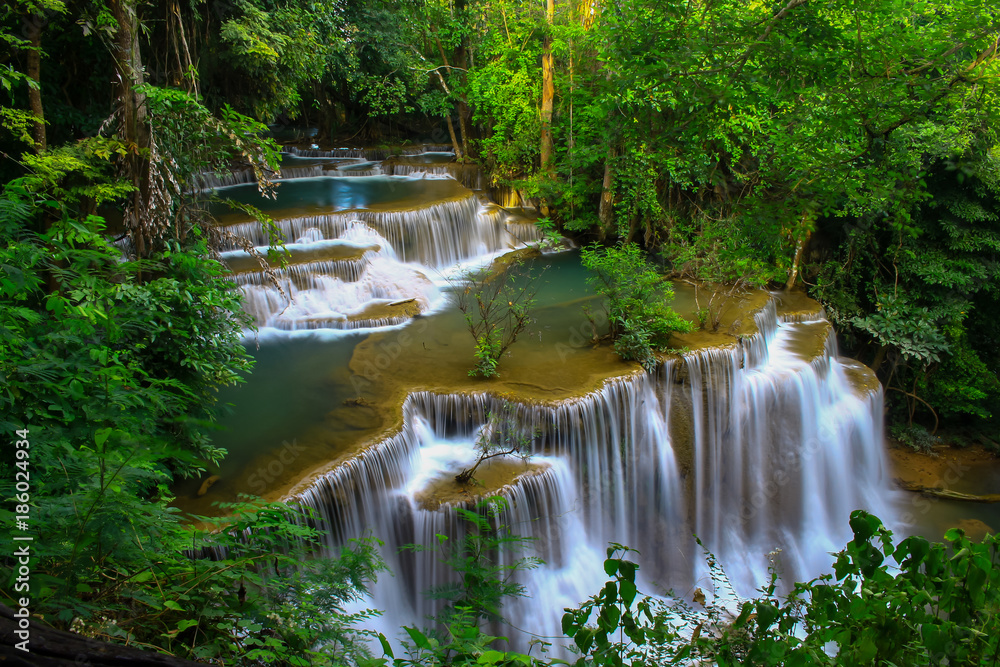 Huay Mae khamin waterfall a beautiful haven of the middle of the forest in Kanchanaburi.  Thailand