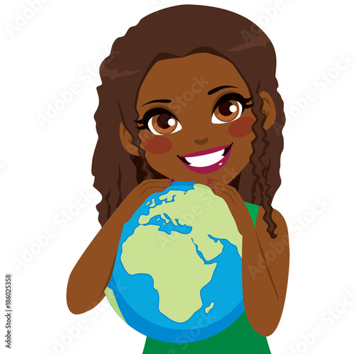 Young beautiful African teenager girl hugging Earth loving ecology concept