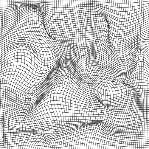 Distorted wave monochrome texture. Abstract dynamical rippled surface. Vector stripe  deformation background. Mesh, grid pattern of lines. Black and white illustration.