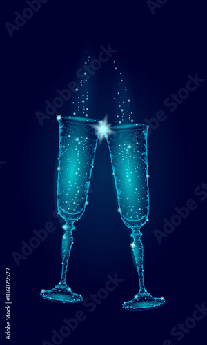 Two blue glowing glasses champagne sparkles. Happy New Year Valentine Day greeting card concept. Romantic love couple date low poly polygonal modern triangle 3d design vector illustration