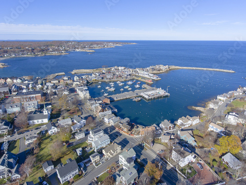 Rockport Harbor and Motif Number 1 aerial view in Rockport, Massachusetts, USA. This building is a fishing shack built in 1840, and now is the the most famous symbol of New England maritime life.