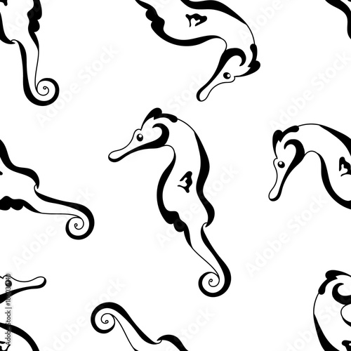 Seahorse silhouette seamless vector pattern isolated on white background. Texture for printing on fabric or paper and background in web design. Sea horse art background design for decor.  photo