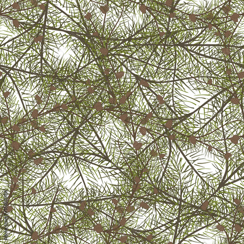 Vector seamless multilayered pattern with pine twigs with cones. Fir-tree branches decoration isolated on white. Fir pattern. Realistic decorative background print, texture, wrapper. Natural tracery. 