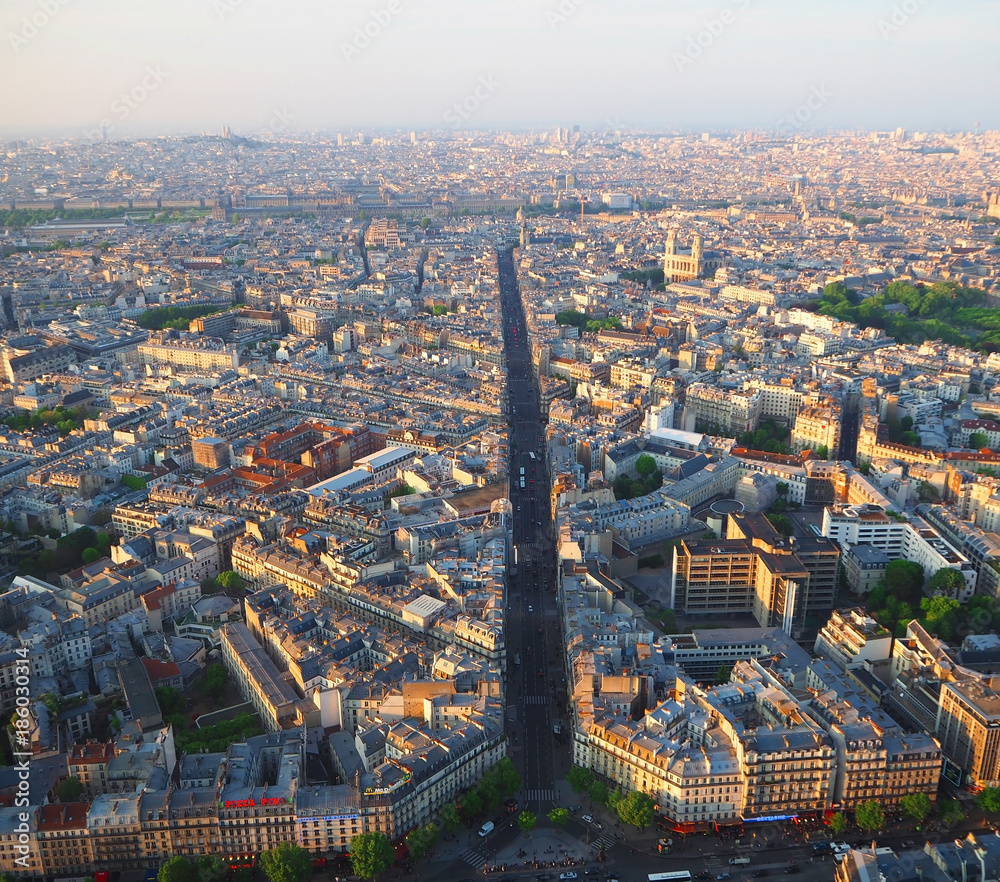 Aerial panorama of Paris from Montparnasse tower. Paris at sunset, France