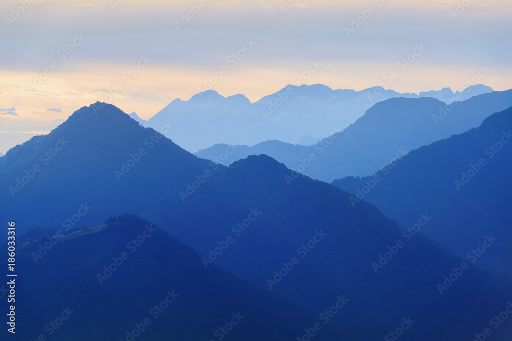 Evening mountains in blue tonality