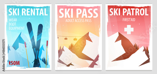 Set of Winter Sport posters. Ski Rental, Patrol, Pass. Mountain landscape. Snowboarder in motion. Vector illustration.