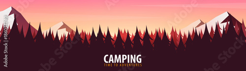 Nature landscape background with silhouettes of mountains and trees. Vector Illustration.