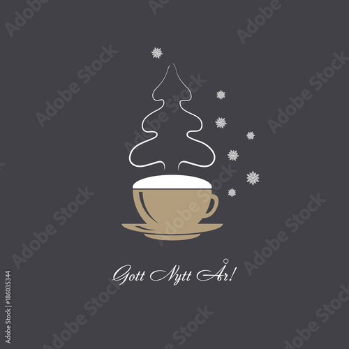 Vector card coffee cup with snowflakes and christmas tree steaming silhouette. Happy New Year greetings text in Swedish