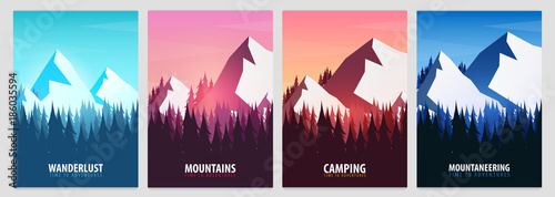 Set of Mountains Posters. Nature landscape background with silhouettes of mountains and trees. Vector Illustration.