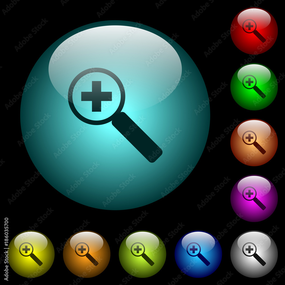 Zoom in icons in color illuminated glass buttons Zoom in icons in color illuminated glass buttons