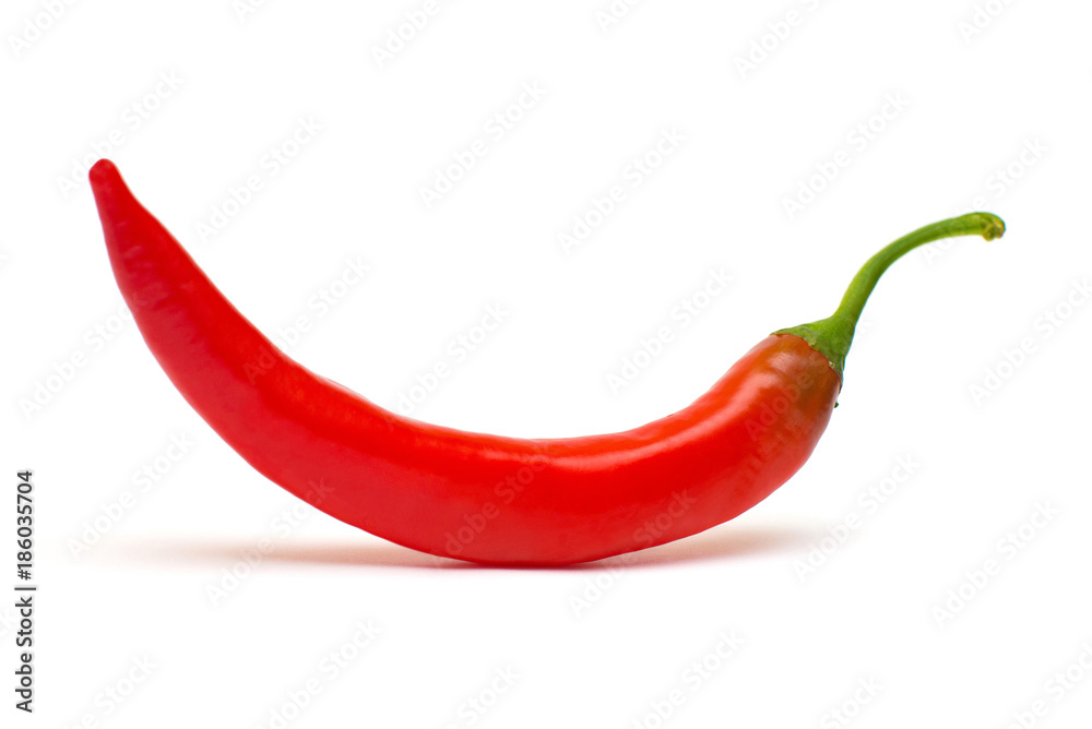 Red chili pepper isolated on a white background. Flat lay, top view