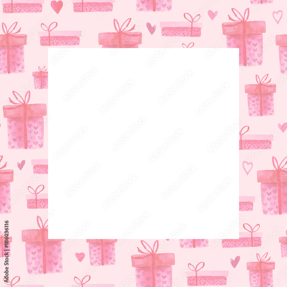Watercolor St Valentines Day frame. Romantic pink gift box. For card, design, print or background Watercolor St Valentines Day frame. Romantic pink gift box. For card, design, print or background