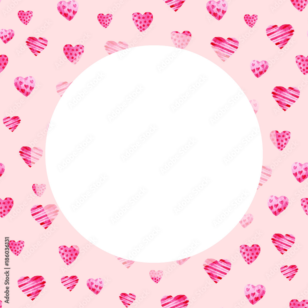 Watercolor St Valentines Day frame. Romantic pink hearts. For card, design, print or background