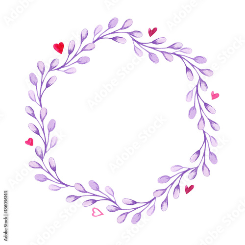 Watercolor ultra violet floral wreath with heart. Invitation for a wedding. For card, design, print or background