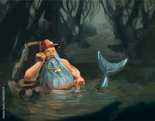 Old man mermaid character concept in water