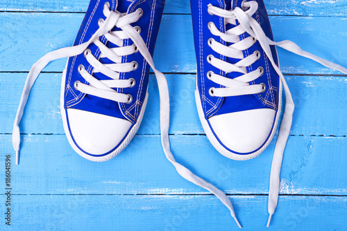 pair of blue textile shoes