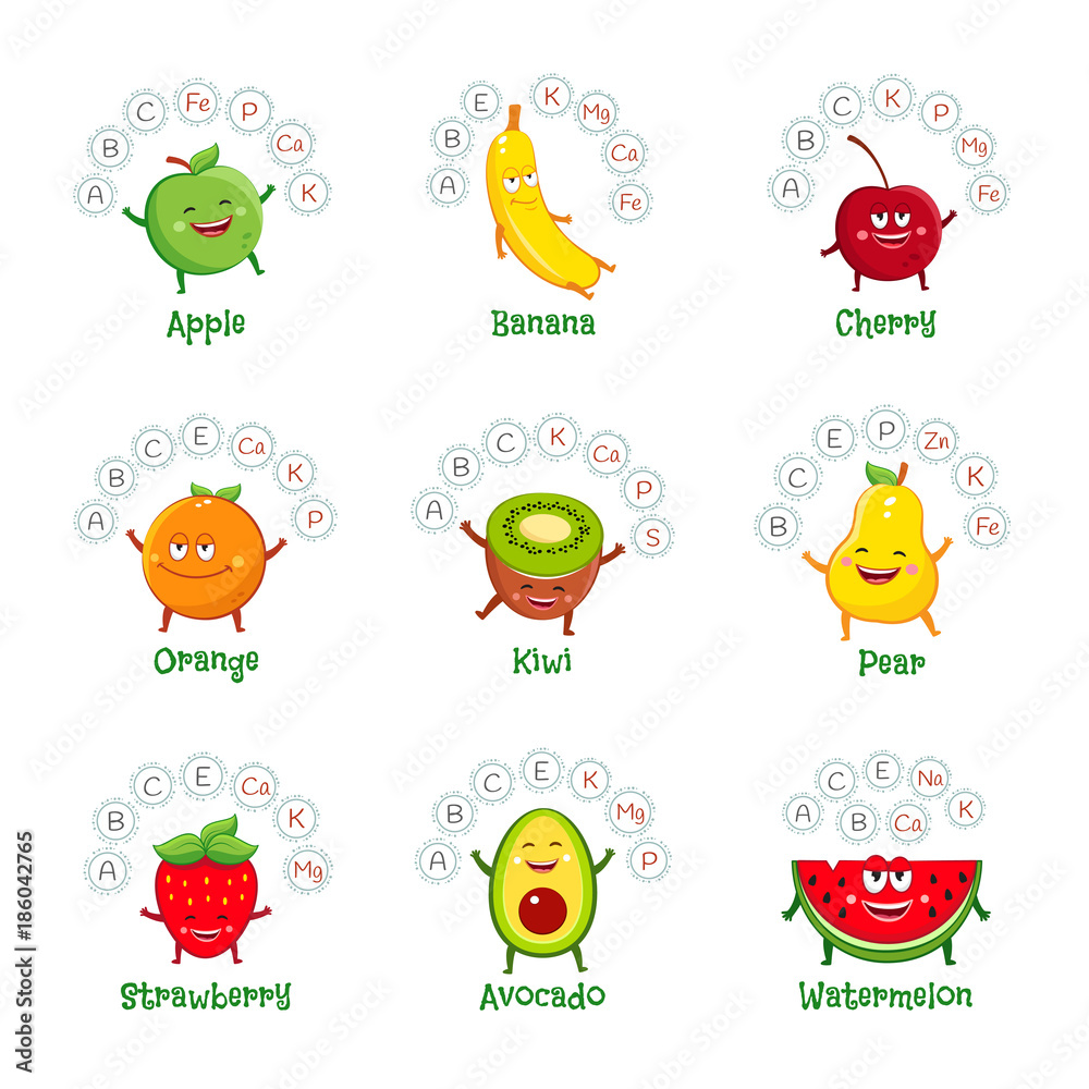 Funny fruit characters with vitamins and minerals. Healthy food icons set Funny fruit characters with vitamins and minerals. Healthy food icons set