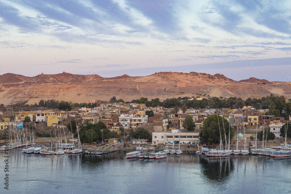 View of The River Nile and Nubian village on Elephantine Island, Aswan, Upper Egypt, Egypt View of The River Nile and Nubian village on Elephantine Island, Aswan, Upper Egypt, Egypt
